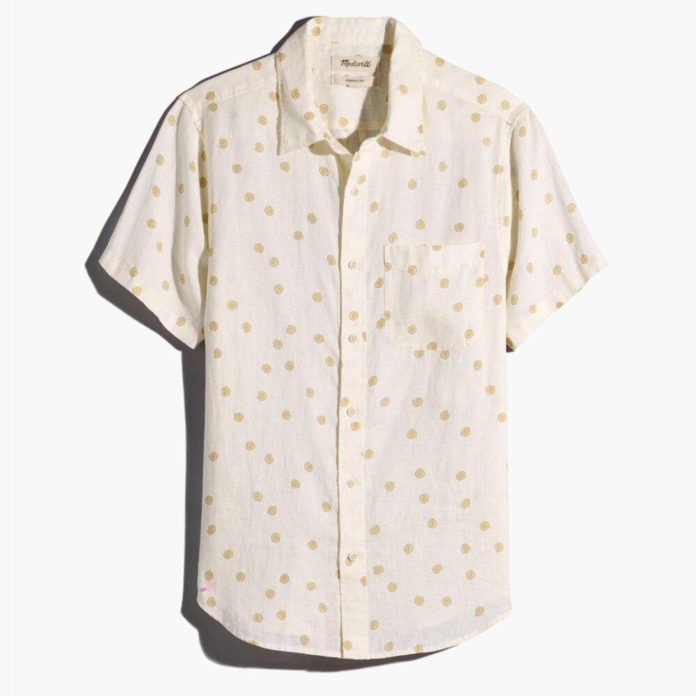 NWT Madewell Linen Perfect Shirt Mens Medium Off-White Fun Shirt Yellow Spiral
